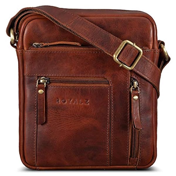ROYALZ ROYALZ 'Dallas' Kleine Leren Schoudertas Heren Boodschappentas Crossbody Messenger Bag Vintage, Kleur:Roma Cognac Bruin
